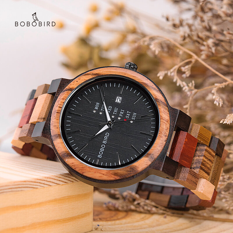 BOBO ptak kolorowy drewniane zegarki dla mężczyzn i kobiet tydzień i wyświetlanie daty zegarki dla par wyjątkowy prezent dla ukochanej osoby zamówienie Dropshipping