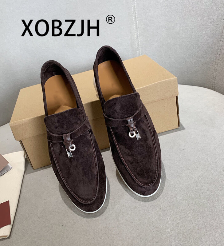 Loafers Suede Men Summer Walk Shoes Spring Autumn Fashion Causal Moccasines Leather Metal Pendant Flat Shoes Lazy SlipOn Mules