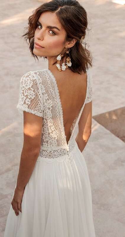 Женское шифоновое свадебное платье LSYX, с V-образным вырезом, в стиле бохо, с короткими рукавами и открытой спиной, длиной до пола, платье невесты на заказ, 2024
