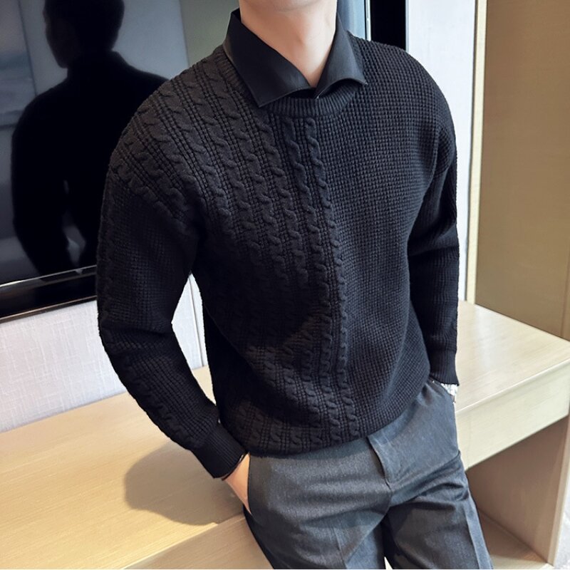 Осенне-зимний свитер с имитацией двух частей с отворотом для мужчин, повседневный вязаный пуловер с длинным рукавом, деловые облегающие вязаные топы