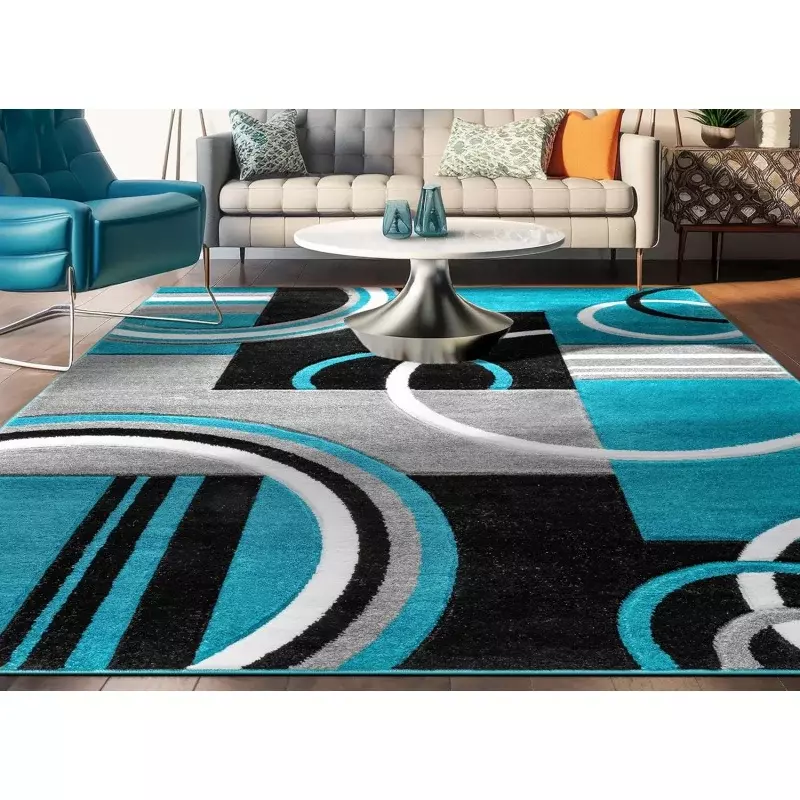 Alfombra geométrica de rubí bien tejida, alfombra de área de 9x13, azul azulado, gris, vibrante, moderno, contemporáneo, diseño de círculos tallados a mano, perfecto para la vida