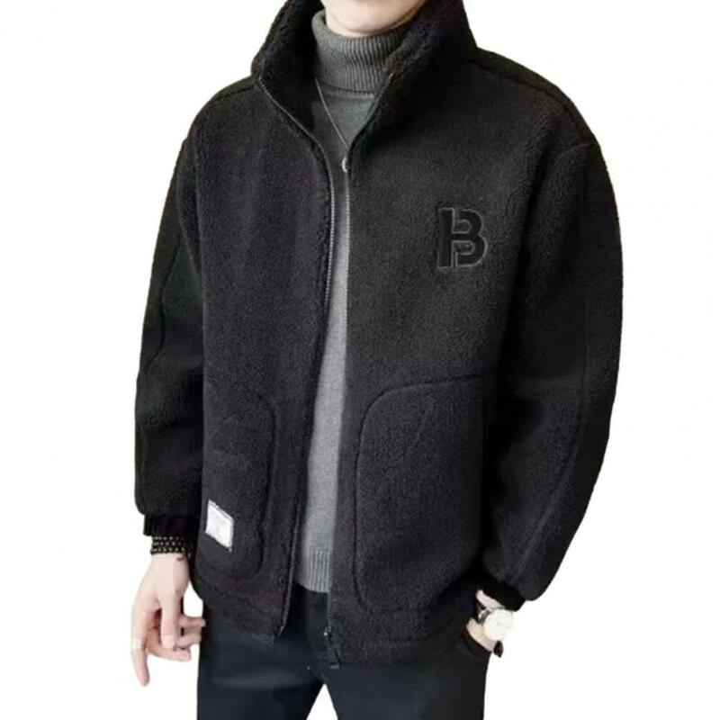 Men Jacket Lapel Collar Cozy Velvet-lined Thickened with Side Pocket Full Zipper Closure All Match Streetwear Clothes
