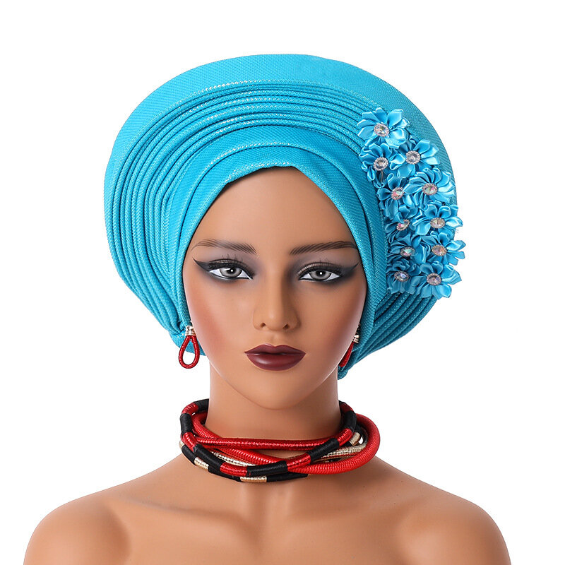 2024 baru ikat kepala Afrika Turban Nigeria ikat kepala dengan bunga sudah dibuat otomatis Gele kepala wanita bungkus untuk pesta pernikahan topi topi