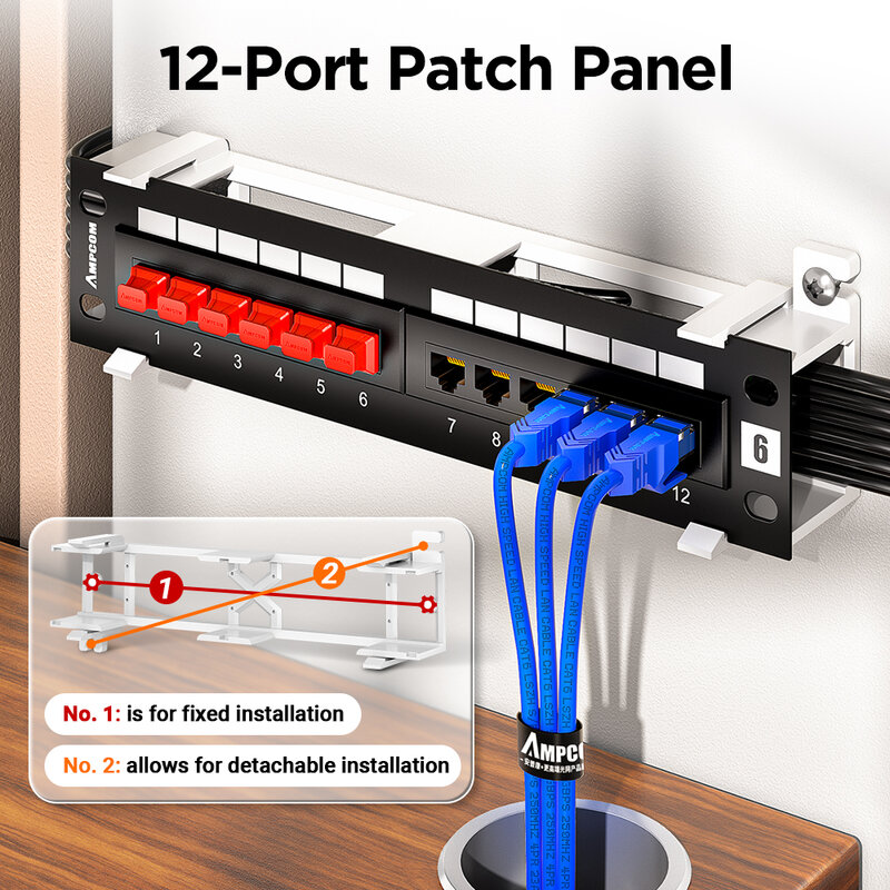 AMPCOM 12-Port Patch Panel Cat 6A / Cat6UTP Mini Patch Panel with Wallmount Bracket Included Black