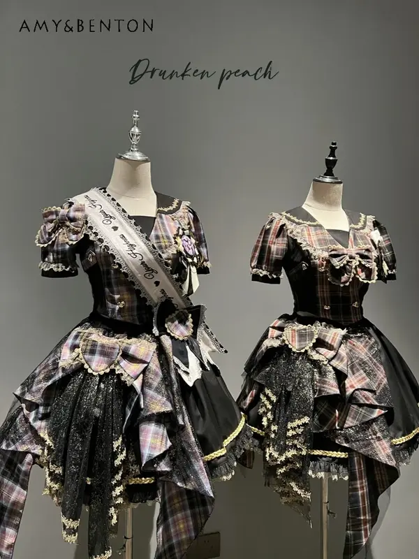 Robes Lolita japonaises pour femmes, robe de Rhà manches bouffantes, nœud doux et gracieux, gothique Y2K, mini robe cosplay à carreaux