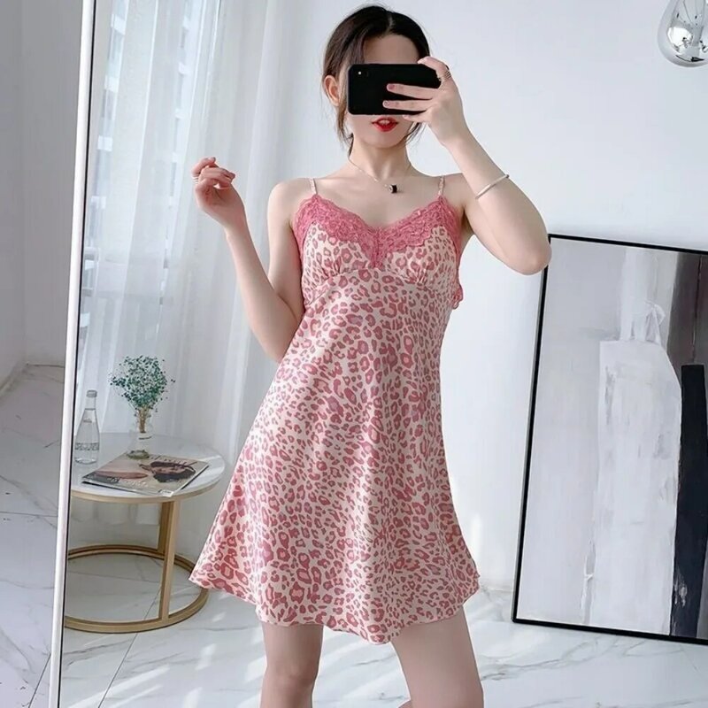 Summer Pink Leopard Print Sling New Lace Fashion Pajamas Thin Sexy Printed Home Clothing Outdoor