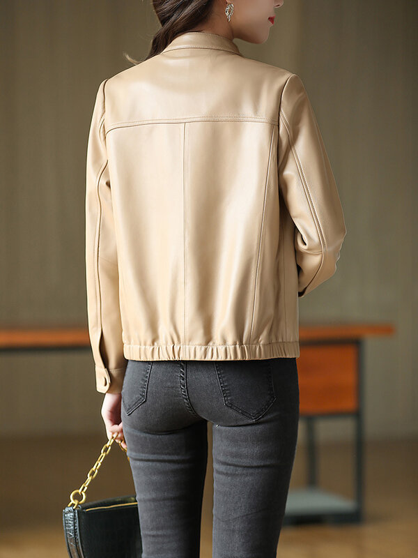 AYUNSUE – veste en cuir véritable pour femme, manteau court en peau de mouton, col montant, printemps-automne, 2023
