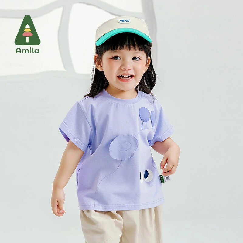 Amila 2024 Summer New Boys and Girls Top Cartoon Animal Solid Color Short Sleeve Fun Everything Simple T-shirt