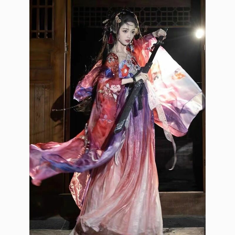 Hanfu rok panjang bordir berlipat wanita, Gaun panjang Tang lengan besar pewarnaan warna bertahap musim panas gaya tradisional Tiongkok