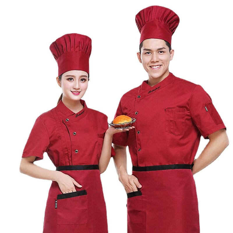 Red Kitchen Cooking Uniform Unisex Short Sleeve Workwear Restaurant Chef Jacket Bakery Coffee Shop Waiter Shirt Apron Hat Set