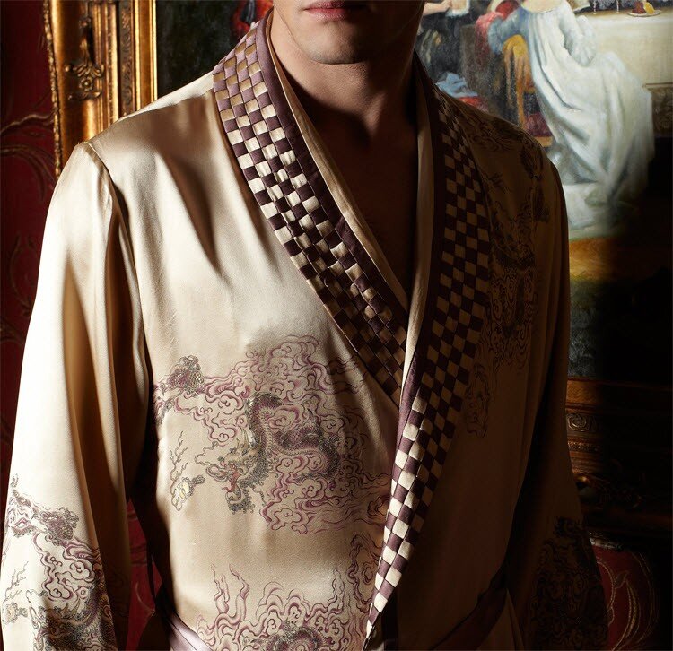 Männer Seide Robe 100% Reine 19MM Seide Männer Luxus Nachtwäsche Bestickten Kimono Robe Nachthemd Größe L XL XXL