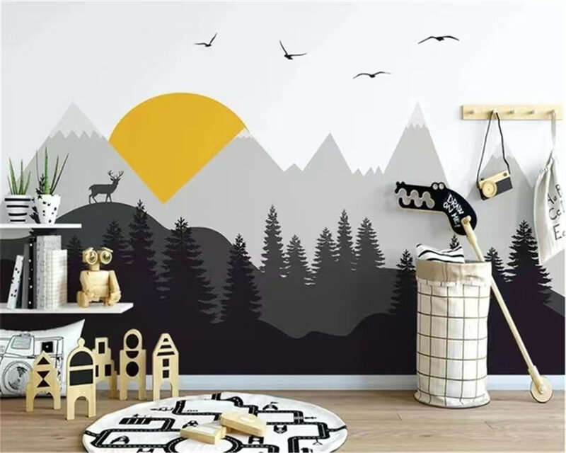 Milofi Nordic hand-painted geometric mountain peaks, pine forests, elk children's wall paintings