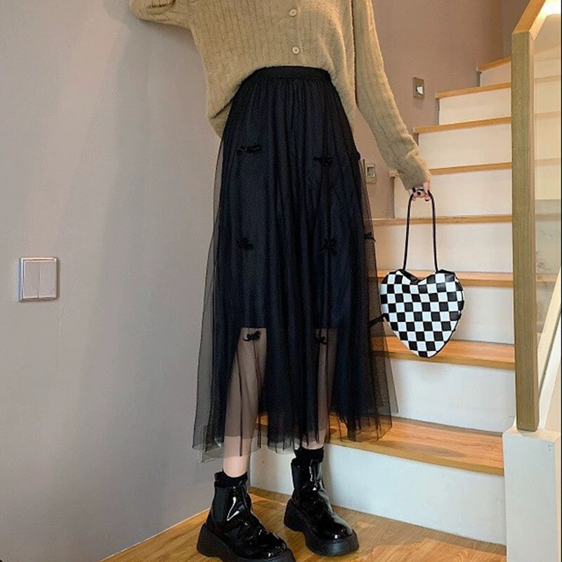 Deeptown Fairycore Women Tulle Skirt Elegant Bow Layered Coquette Mid Length Skirts Kawaii Mesh Sweet Korean Style A-line Skirt