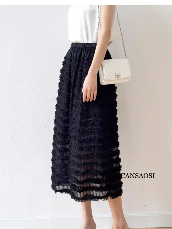 2024 Summer New Layered Fur Natural Mulberry Silk Flower Cut Silk Elastic Waist Black Women's Fashion Skirt