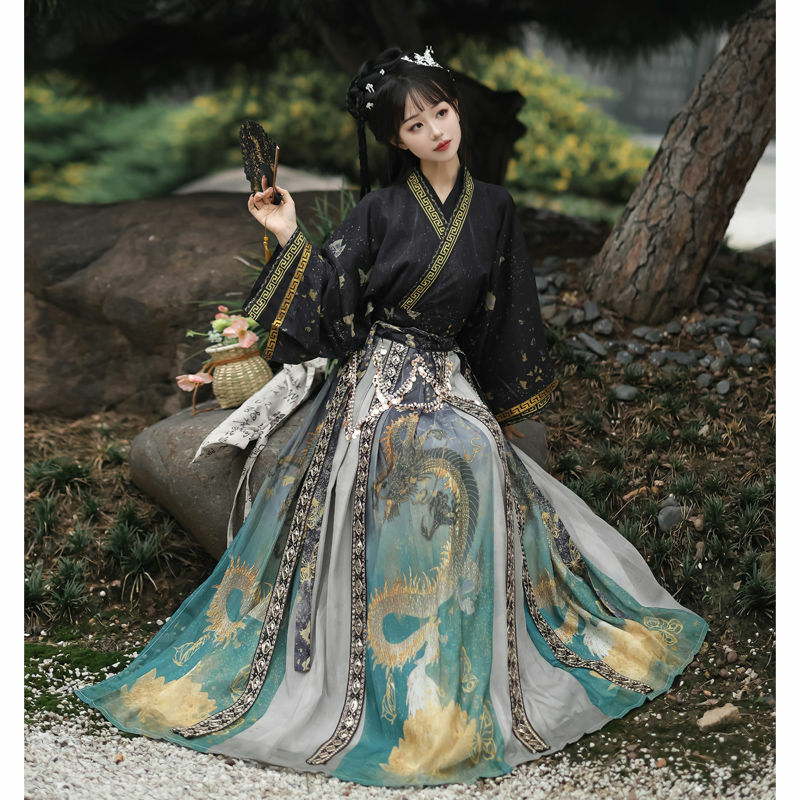 Chiński styl Hanfu Wei Jin styl kobiecy chiński tradycyjny spódnica kołnierz talia spódnica Jin system codzienny kostium jesień i zima