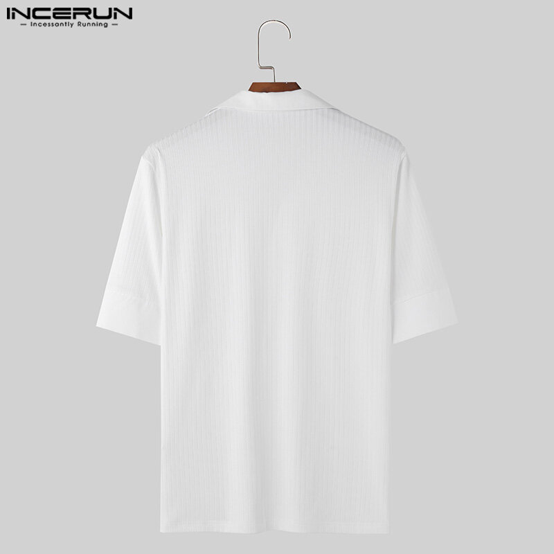 INCERUN Топы 2024 в Корейском стиле новая мужская модная полосатая блузка с V-образным вырезом мужская повседневная простая Однотонная рубашка с коротким рукавом женская