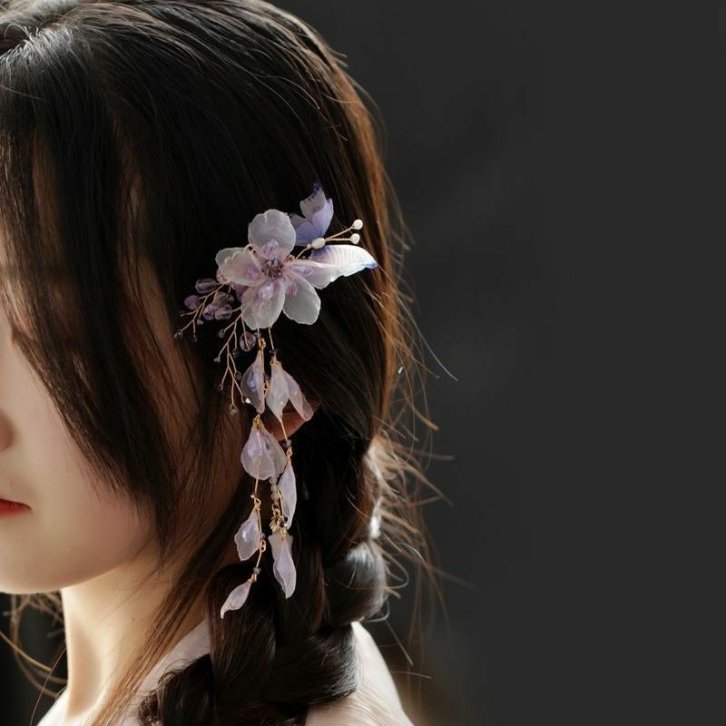 Accesorios para el cabello Hanfu de estilo chino, horquillas de flores, sombreros de vestido Vintage, mariposa púrpura, adorno de Cosplay, regalo P1