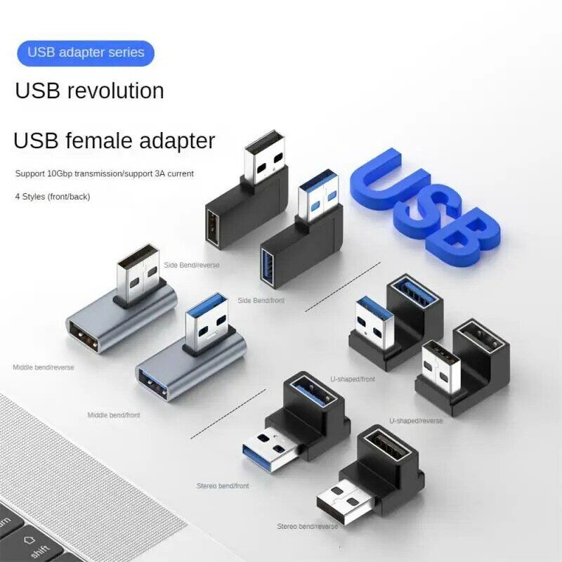 노트북 컴퓨터용 USB 어댑터, 90 도 직각 USB 암-USB 수 어댑터, 10Gbps 데이터 전송 변환기 커플러, 1 개