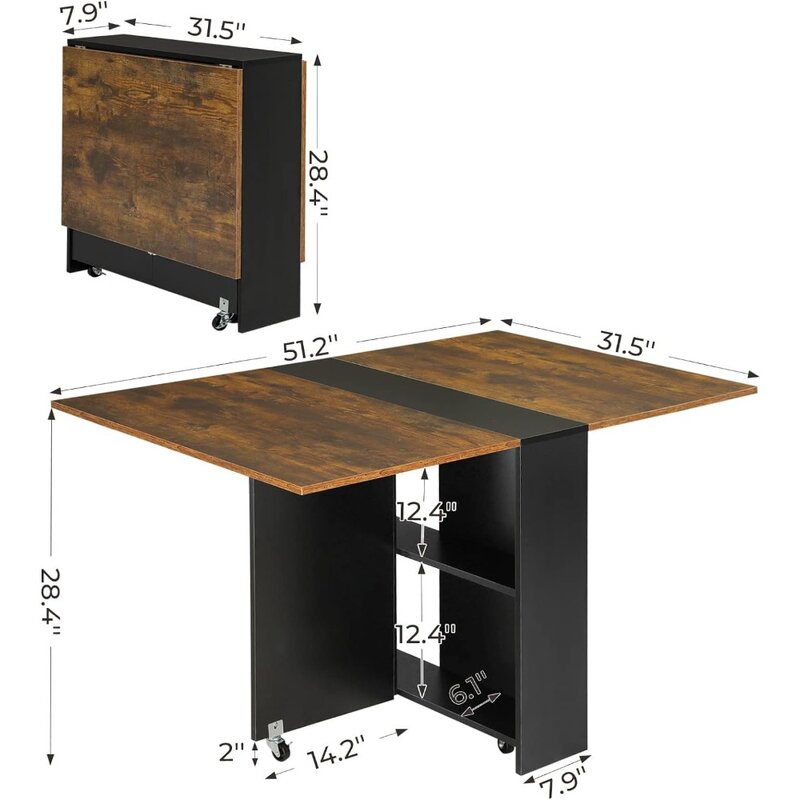 Meja Makan lipat dengan 6 roda, Meja gugur untuk ruang kecil, meja makan lipat dengan 2 tingkat rak penyimpanan