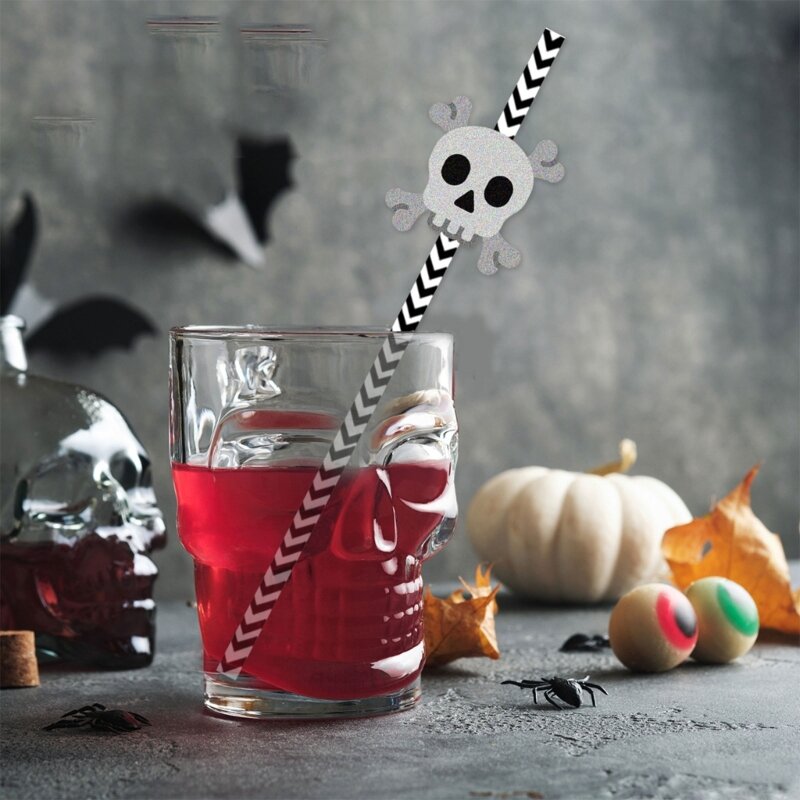 24pcs Halloween Disposables Party Straws Bat Skull Skeleton Drinking Straws Holiday Bar Home Party Halloween Decoration