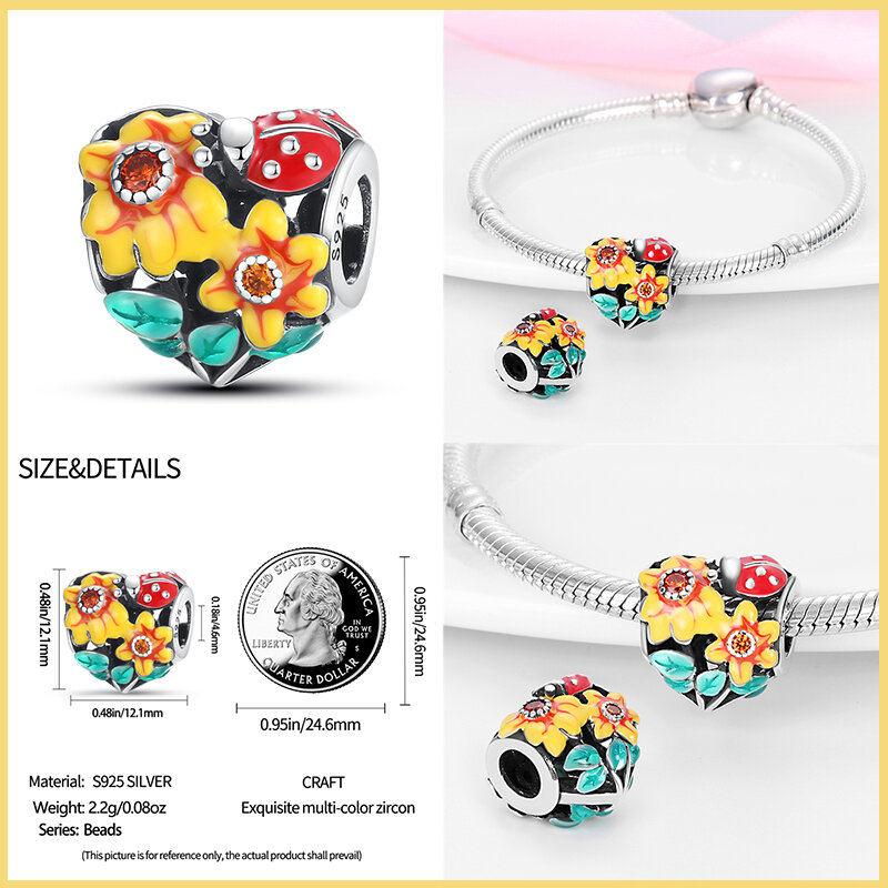 New 925 Sterling Silver Fashion Golden Sunflowers Heart Charms Beads Fit Pandora 925 Original Bracelets Luxury Party DIY Jewelry