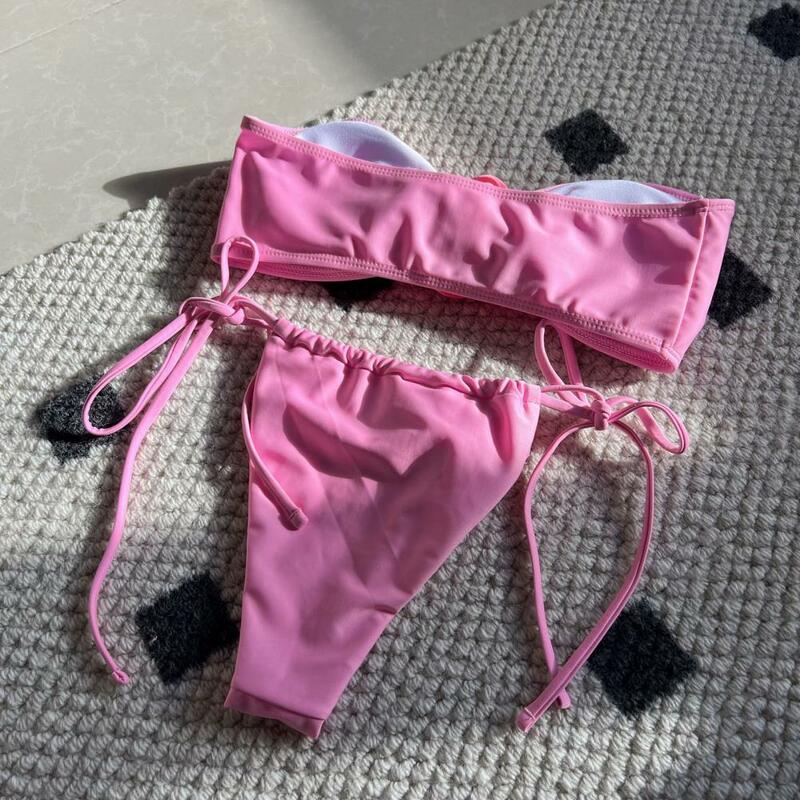 Effen Kleur Badpak Met 3d Bloemen Gebloemd Bandeau Bikini Set Met Veters Zwembroek Dames Effen Kleur Badpak Voor Snel