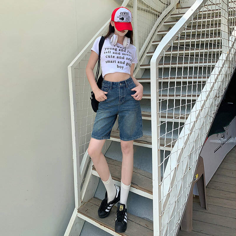 High waist loose straight denim shorts female 2024 summer new thin versatile casual wide-legged trousers five points