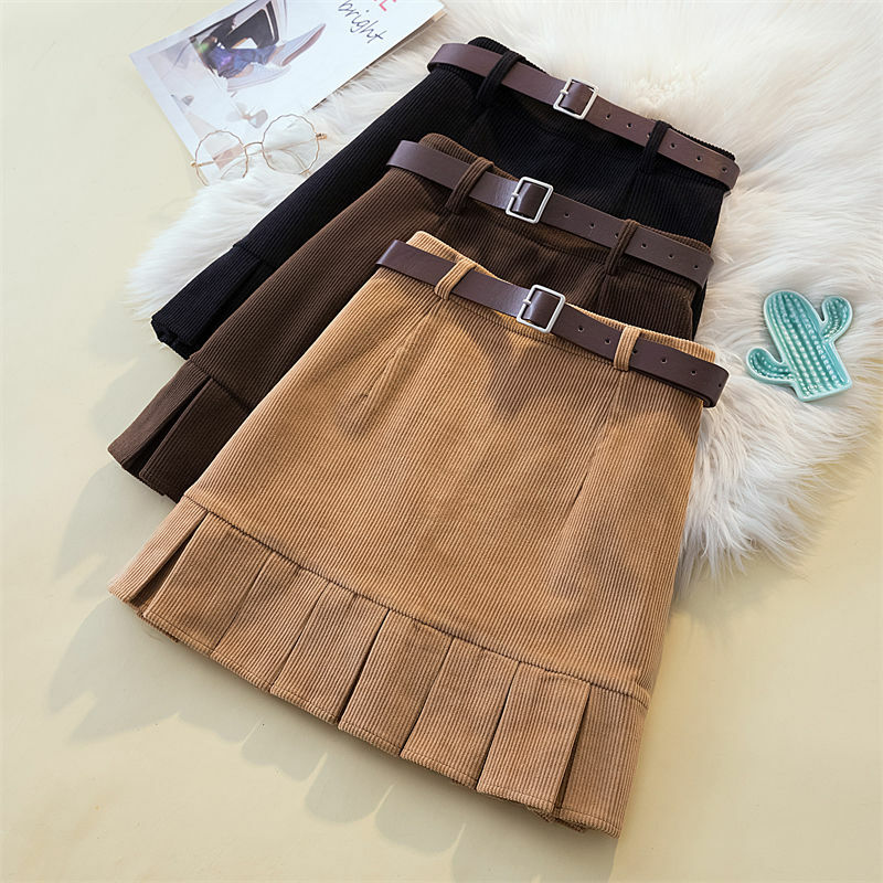 Vintage sztruksowe plisowana spódnica z paskiem damskie 2021 zima wiosna eleganckie casual smukłe jednolity wysoki talia Y2k spódnica Punk