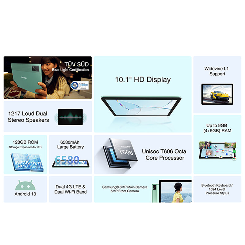 DOOGEE T10E Tablet 10.1 "wyświetlacz HD TÜV SÜD niebieski certyfikat światła 9 + 128GB Octa Core Widevine L1 głośnik Hi-Res podwójny 4G 6580mAh