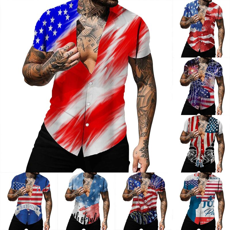 Kardigan lengan pendek, baju pantai ukuran besar kasual bendera Hari Kemerdekaan 3d