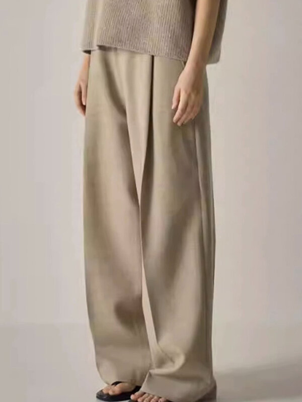 [LANMREM] pantaloni a gamba larga in lana minimalista per le donne 2024 primavera nuovi pantaloni moda donna ufficio a vita alta donna 26 d8021