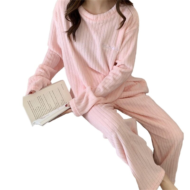 Y166 Set Pakaian Tidur Musim Gugur 2 Potong Wanita Lembut dan Hangat Atasan Lengan Panjang dan Celana