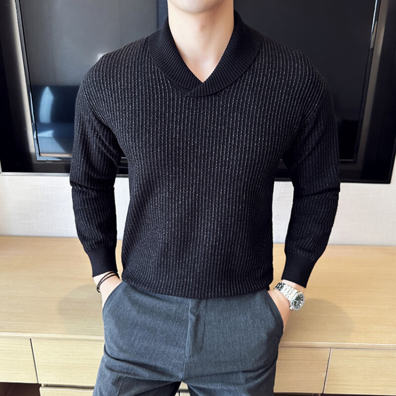 Sweter Pullover rajut kerah buah modis pria dengan desain kotak pakaian merek Korea sweter Slim-fit kasual pria pakaian rajut