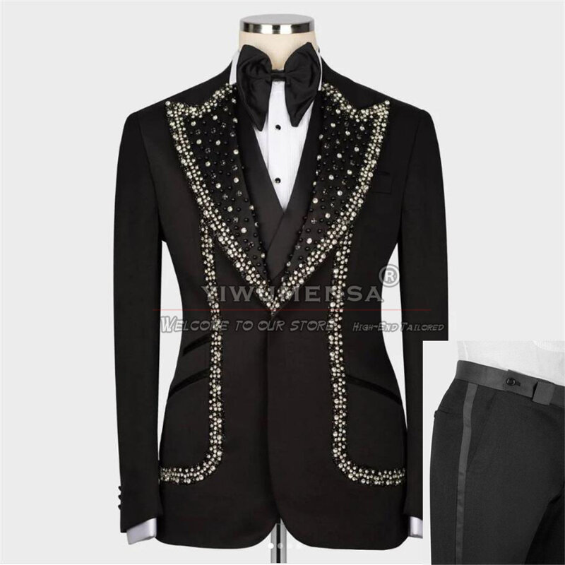 ビーズの結婚式のスーツ,カスタムメイドの黒のジャケット,ベスト,パンツ,ロードディナーの衣装,ダイヤモンド,クリスタル,ビーズ,3個
