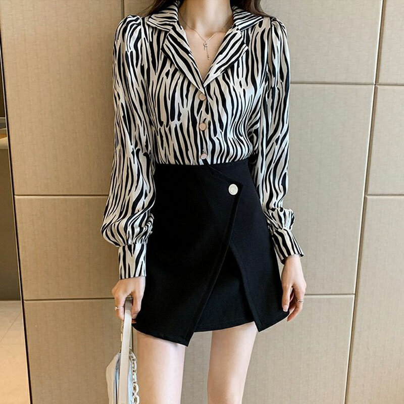 Sandro Rivers Women'S Zebra Print Long Sleeve Chiffon Shirt 2023 Spring And Autumn Stylish Suit Collar Striped Top