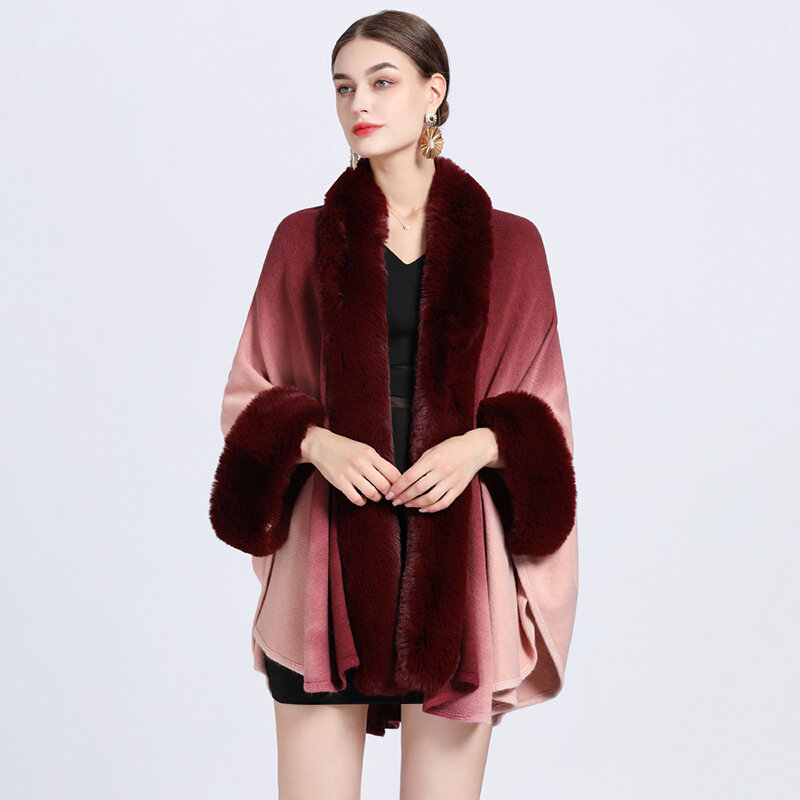 Autumn  Winter New Imitation Otter Rabbit Fur Collar Hanging Dyed Capes  Women Knit  Poncho Lady Capes Red Cloak