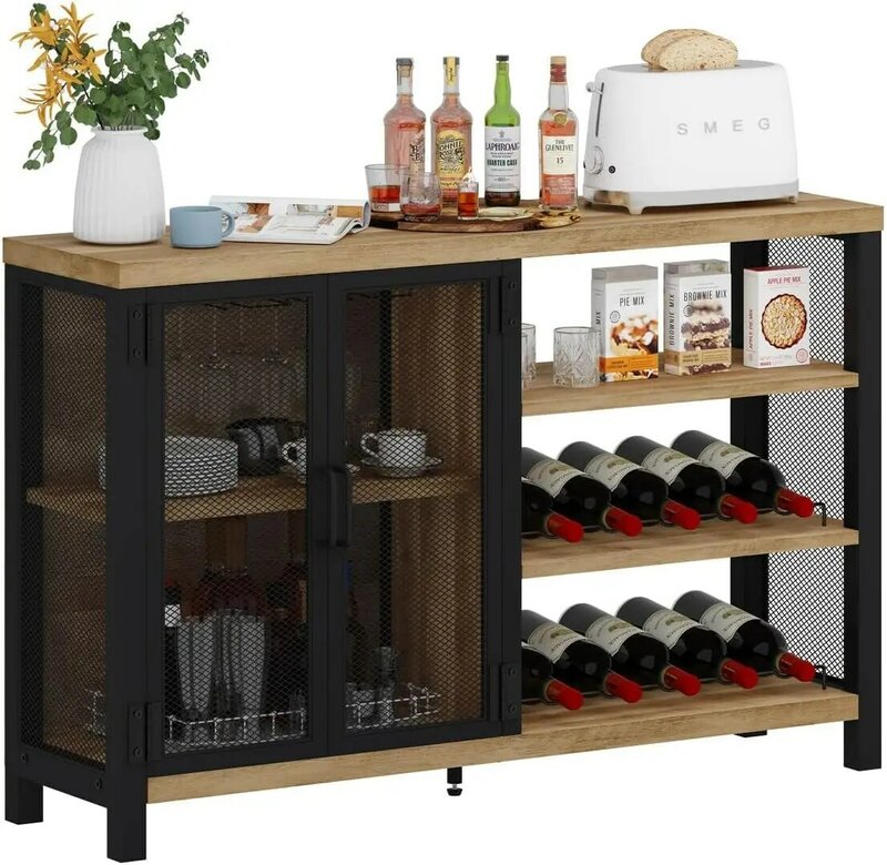 Industrial Carvalho Industrial Bar Liquor Cabinet com Portas De Armazenamento, rústico Farmhouse Wine Rack Table, autônomo Coffee Bar Display