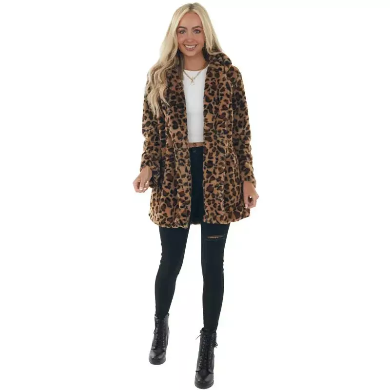 Abrigo de piel sintética de lana para mujer, chaqueta de leopardo, ropa de calle, chaquetas cálidas, moda elegante, abrigos de manga larga para mujer, 2023