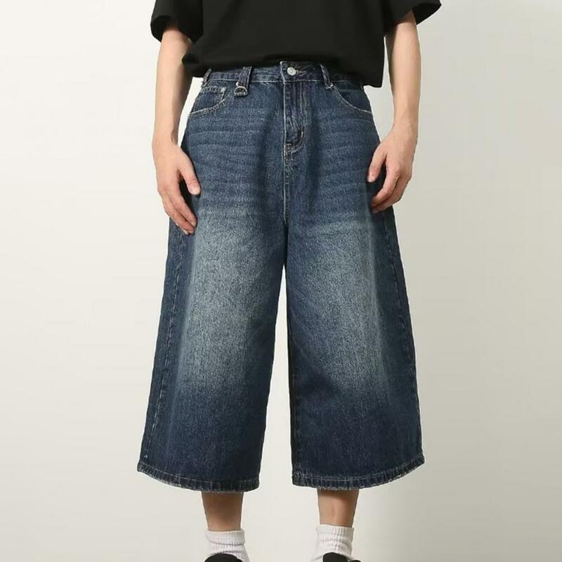 Jeans jeans de meia-ascensão masculino, calça cortada, cor gradiente, perna larga, botão, fecho de zíper, verão, streetwear