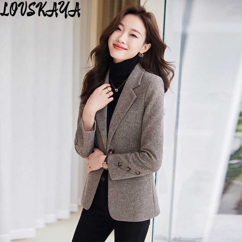 Qianniao 격자 작은 세트 작은 향기로운 스타일 세트 슬림 핏 캐주얼 탑 여성 재킷, 유행 긴팔 기질