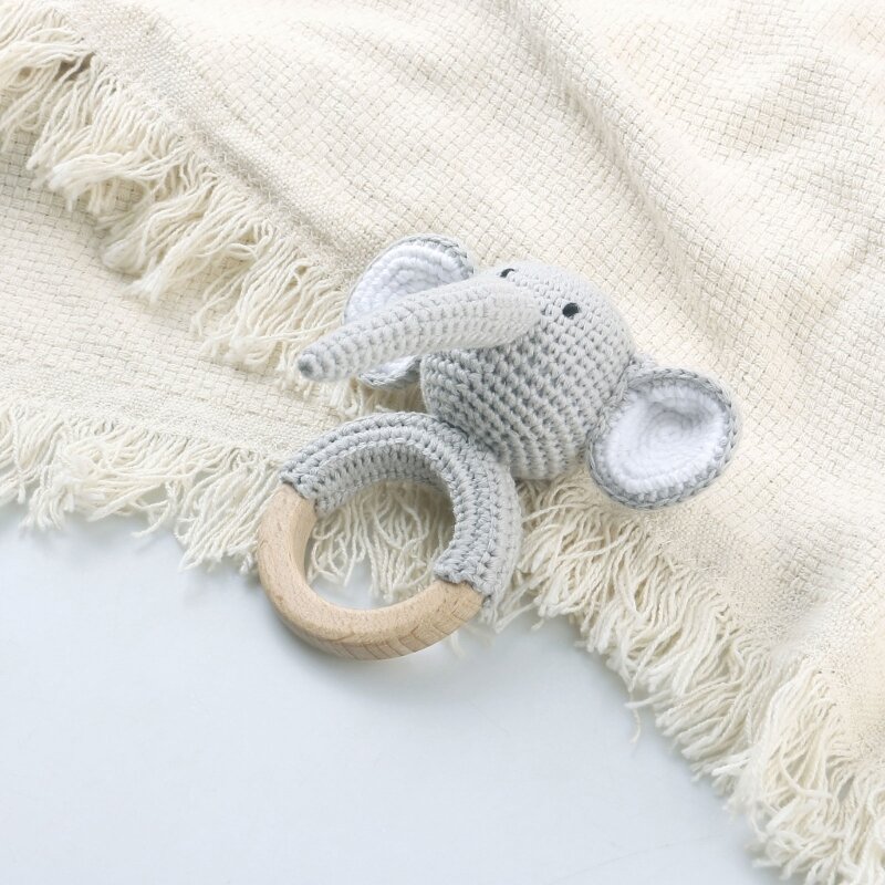 OOTDTY 1pc Baby Teether Safe Wooden Toys Mobile Pram Crib Ring  Crochet Rattle Soother Bracelet Animal Variety deer elk Teether