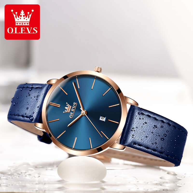 Olevs-女性用超薄型腕時計,防水クォーツ時計,革ストラップ,トップブランド,高級ファッション