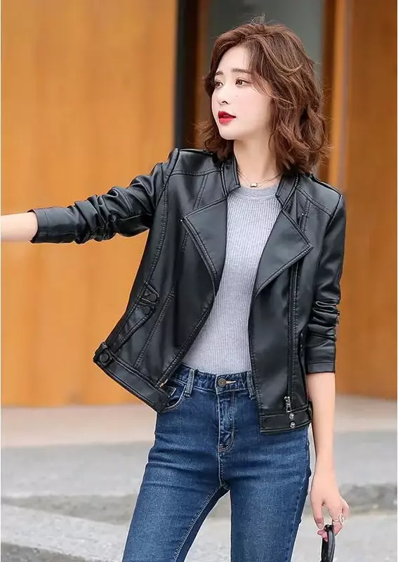 Jaket kulit wanita, Mantel PU kulit pendek kerah berdiri, pakaian luar gaya Moto & pengendara sepeda motor Keren Musim Semi 2023