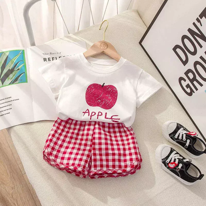 여아용 과일 프린트 반팔 티셔츠, 체크 무늬 반바지, 귀여운 유아복, 귀여운 캐주얼 의상, 여름 신상