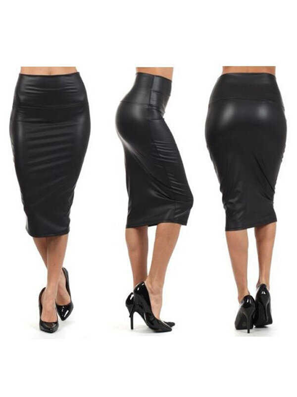CUHAKCI-saia dividida para mulheres, bodycon preto, cintura alta, couro de PU, saias de lápis longas vintage, clubwear sexy