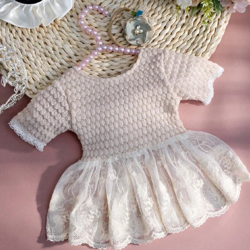 Infant Photography Outfits Newborn Lace Trim Dress for Shooting with Headband New Born Baby Picture Idea Photo Props