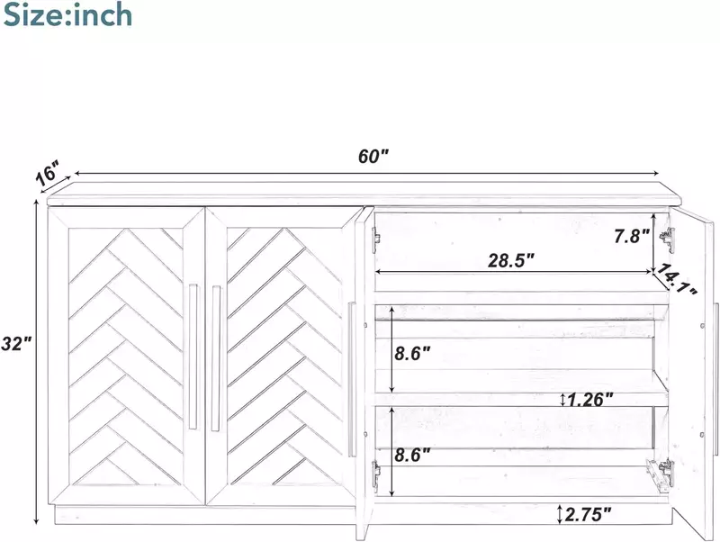 60 "verstellbare Regale, Küchen buffet 4 Türen moderner freistehender Side board Aufbewahrung schrank mit silbernen Griffen für Wohnzimmer