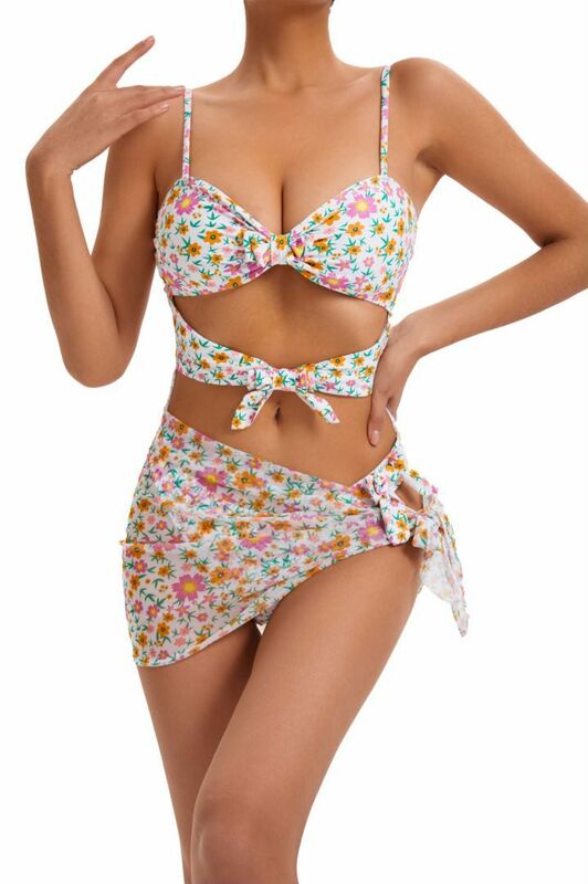 2024 baru pakaian renang wanita satu potong seksi motif bunga baju renang dengan rok sarung Bandeau dasi kupu-kupu pakaian mandi berongga Monokini