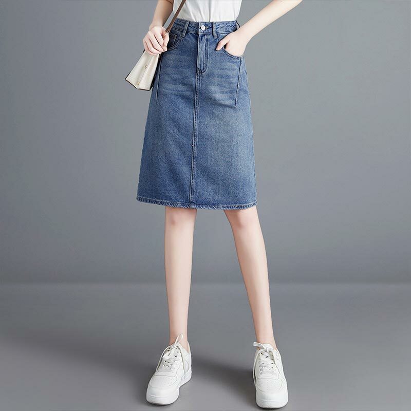 Женская джинсовая юбка, синяя весенне-летняя тонкая облегающая Модная Джинсовая юбка с высокой талией и разрезом, повседневная женская одежда