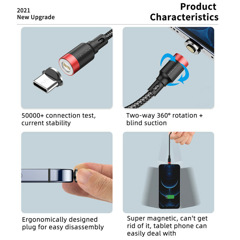 USLION 5A 마그네틱 USB 충전 케이블, USB C 타입 고속 충전 케이블, 아이폰 14 샤오미용 마그넷 마이크로 USB 데이터 충전 와이어 코드